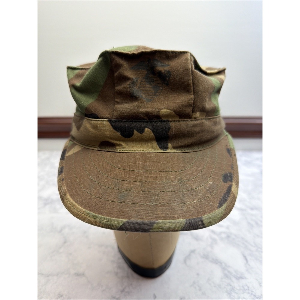 80's US Marine Corps USMC EGA Woodland Camo 8 Point Utility Cover Hat Cap Size S